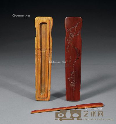 民国 竹制裁纸刀及琴形竹雕梅盒 长18.5cm；宽4cm；高1.5cm