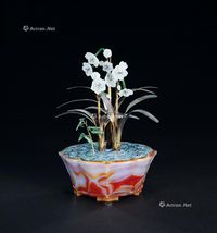 民国 银鎏金嵌白玉梅花玛瑙盆景