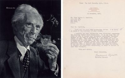 1963年国哲学家伯特兰·罗素亲笔签名信函及照片各一件