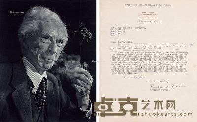 1963年国哲学家伯特兰·罗素亲笔签名信函及照片各一件 