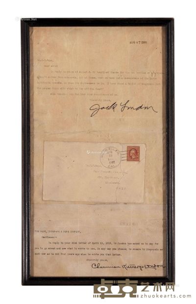 美国著名作家杰克·伦敦与妻子签名信函两件 