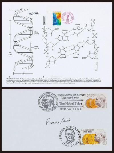 DNA双螺旋结构发现者佛朗西斯·克里克签名首日封一个，詹姆斯·沃森签名DNA结构图