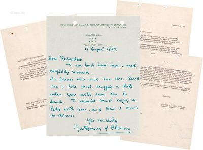 1962年英国陆军元帅蒙哥马利与美国空军准将罗伯特·查理德三世往来信函四件