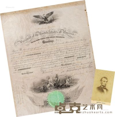 1861年南北战争期间美国总统亚伯拉罕·林肯签名委任状及照片 