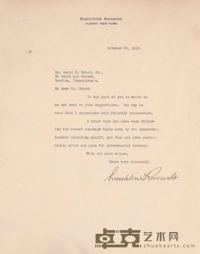 1932年美国32任总统富兰克林·罗斯福签名信函 