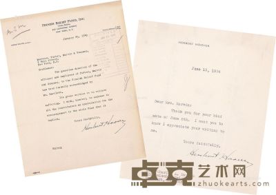 1934-1940年美国31任总统赫伯特·胡佛亲笔签名信函两件 