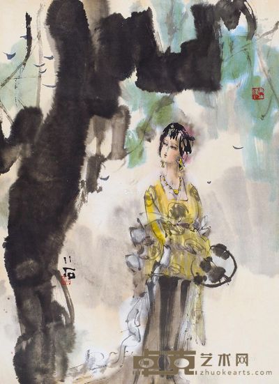 傅小石持扇仕女 68×48cm