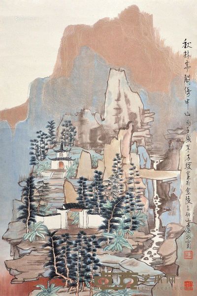 方骏秋林亭阁 68.5×46cm