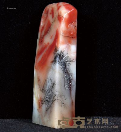 芙蓉石雕亭台楼阁印章 高9.5cm
