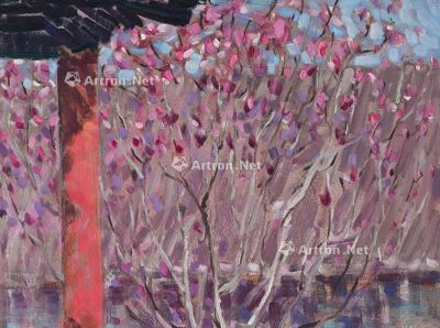 1975年作 紫玉兰堂的春天 镜框 油彩纸本