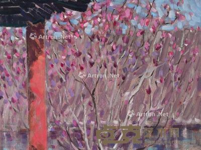 1975年作 紫玉兰堂的春天 镜框 油彩纸本 28.7×38.5cm