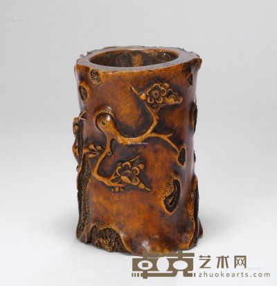 清 黄杨木雕干支梅笔筒 高12.5cm