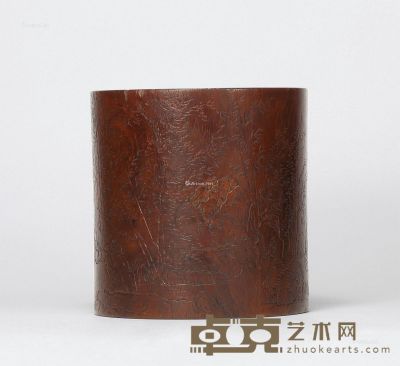 清 “芷叟”款竹石图黄花梨笔筒 直径16cm；高16.5cm