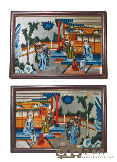 清 硬木框“祝寿图”玻璃画 （一对） 高50cm；长75cm