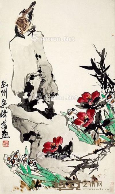 梁崎 画眉山茶（指画） 66×39cm