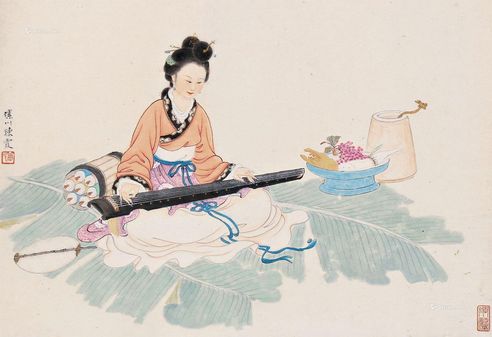 周练霞 抚琴图