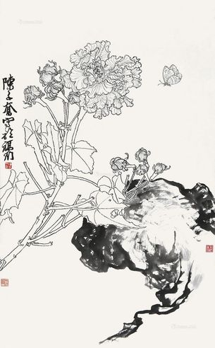 陈子奋 白描菊石图