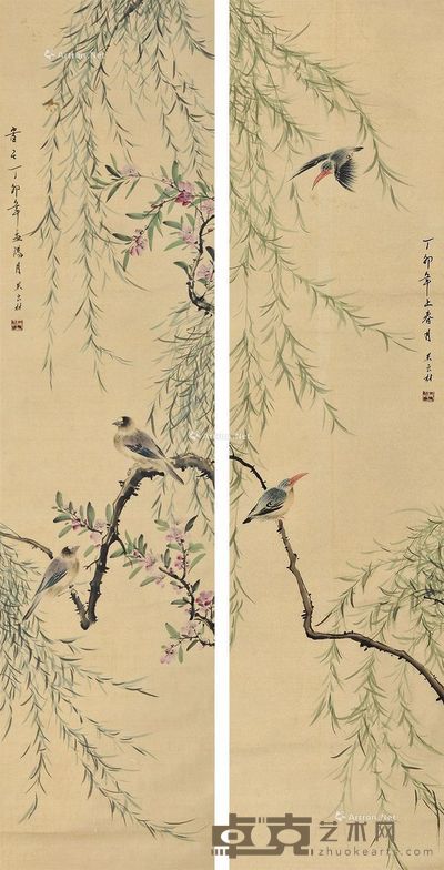 朱良才 花鸟 136×33cm×2