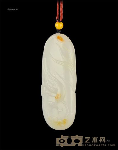黄皮白玉籽料“荷花翠鸟”挂件 长5.93×宽2.41×高1.57cm；重38.7g
