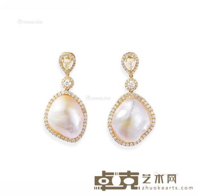 金色异形珍珠配钻石耳环 （一对） 
