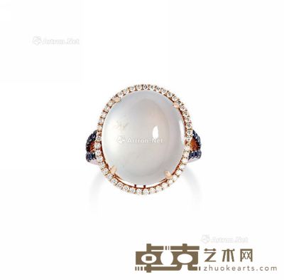 天然玻璃种翡翠蛋面配钻石及蓝宝石戒指