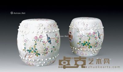 粉彩花鸟纹小鼓墩 （一对） 高23cm