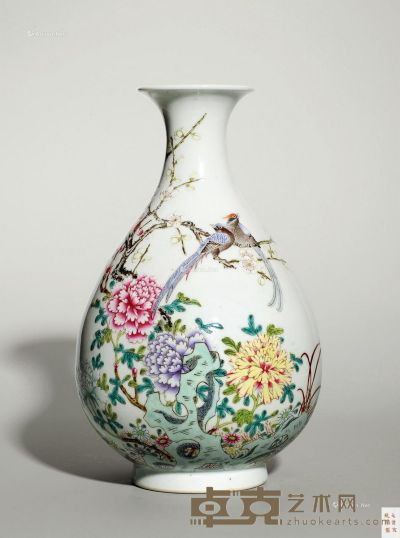清宣统 粉彩绶带鸟牡丹纹玉壶春瓶 高31cm