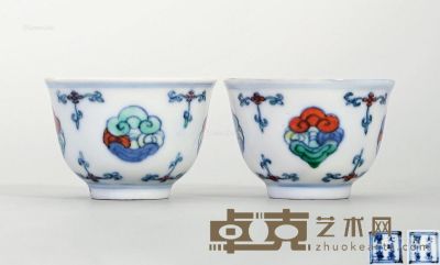 清康熙 斗彩灵芝纹杯 （一对） 直径6cm