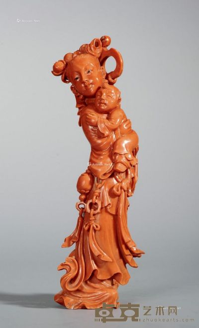 清中期 红珊瑚侍女 高21cm