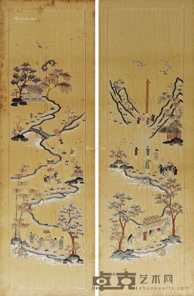清 粤绣山水纹挂屏 （一对） 高110cm