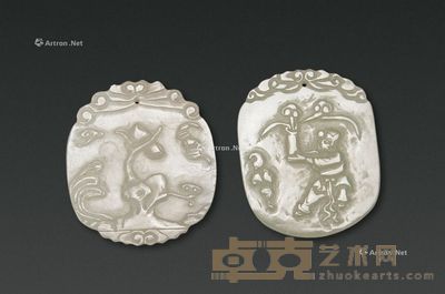 清 白玉雕“童报平安”和“寿山福海”牌 （一组两件） 5×4.1×0.5cm