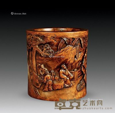 黄杨木雕 山水人物笔筒 (一件) 高13.6cm