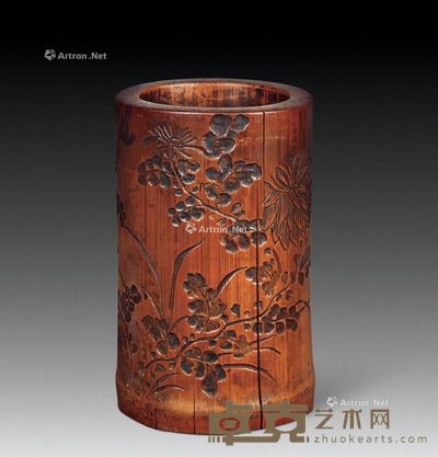 云溪款花卉竹笔筒 (一件) 高12.6cm