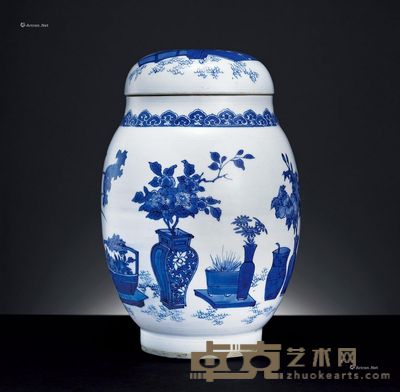 明崇祯 青花博古图莲子罐 高30.8cm