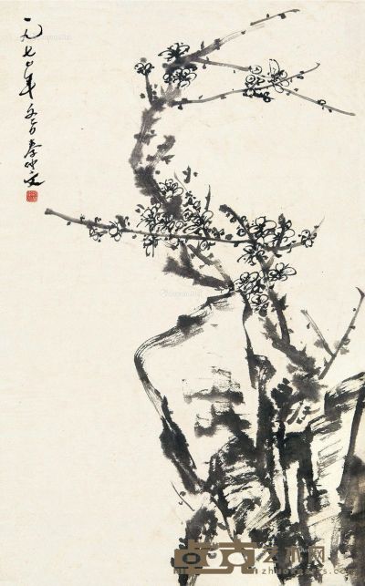 秦仲文 梅石图 79×48cm
