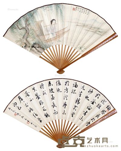 郑慕康 马公愚 仕女吹笙 书法 成扇 21×49cm×2