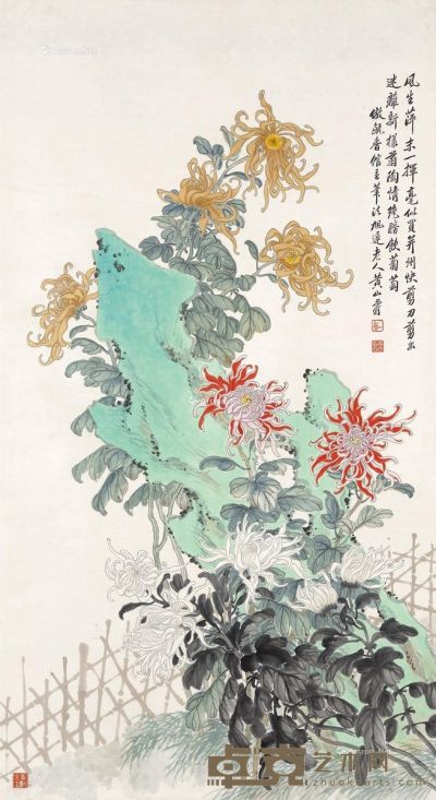 黄山寿 菊石图 150×82cm