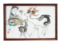 程十发《少女与鹿》瓷板画