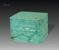 民国 绿松石饕餮纹方形印盒