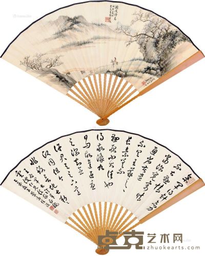 甲申（1944）年作 灞陵诗意 行书 成扇 设色纸本 18×49cm