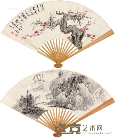 庚寅（1950）年作 溪山幽居 傲骨寒梅 成扇 设色纸本 51×18.5cm