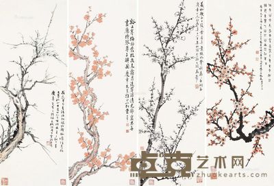 丁辅之 童大年 梅花四景 74×26cm×4