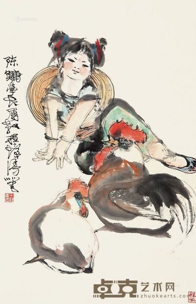 程十发 少女与鸡 68×44cm