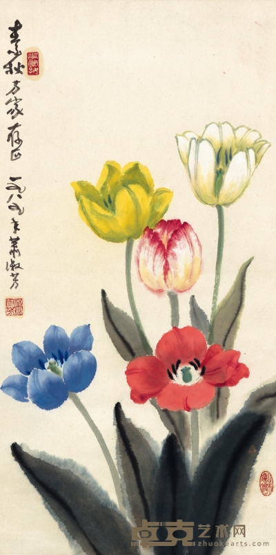 萧淑芳 富贵花语图 65.5×33cm