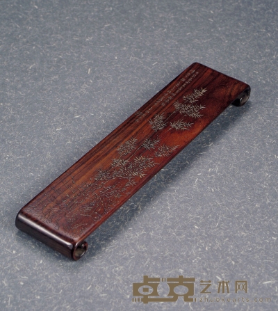 清·张熊款红木雕竹石纹臂搁 长：30cm