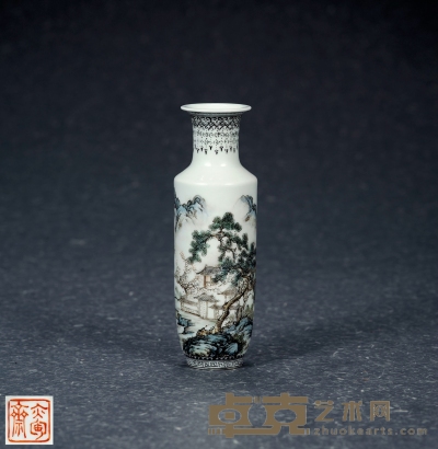 民国·张志汤绘粉彩山水瓶 高：13.5cm