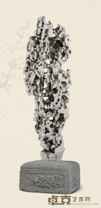 明·青石四面开光花卉纹底座连白太湖石 237×66×67cm