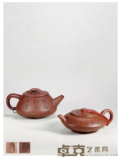 清·紫砂茶壶一组两件 9.3×20.5cm（石瓢）6×17.5cm（圆扁）