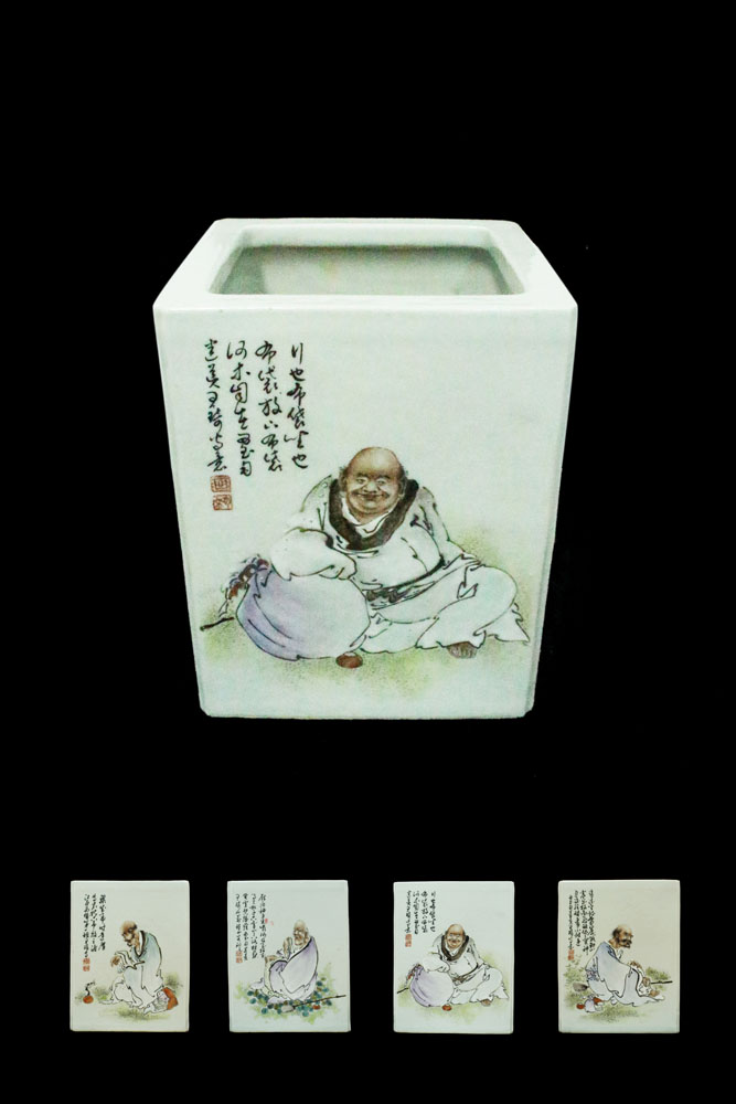 珠山八友王琦粉彩罗汉纹方型笔筒