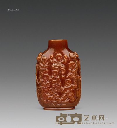 清 琥珀雕百子纹鼻烟壶 高6cm